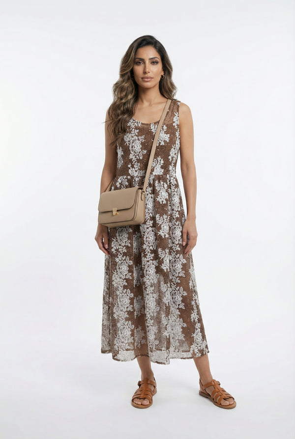 Orelia Fishnet  Floral Sleeveless Long Dress فستان طويل بدون أكمام بنقشة زهور شبكية