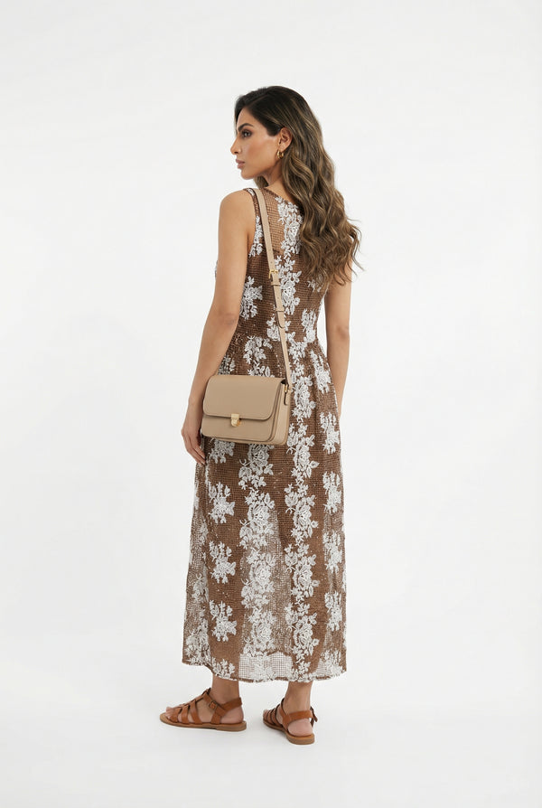 Orelia Fishnet  Floral Sleeveless Long Dress فستان طويل بدون أكمام بنقشة زهور شبكية