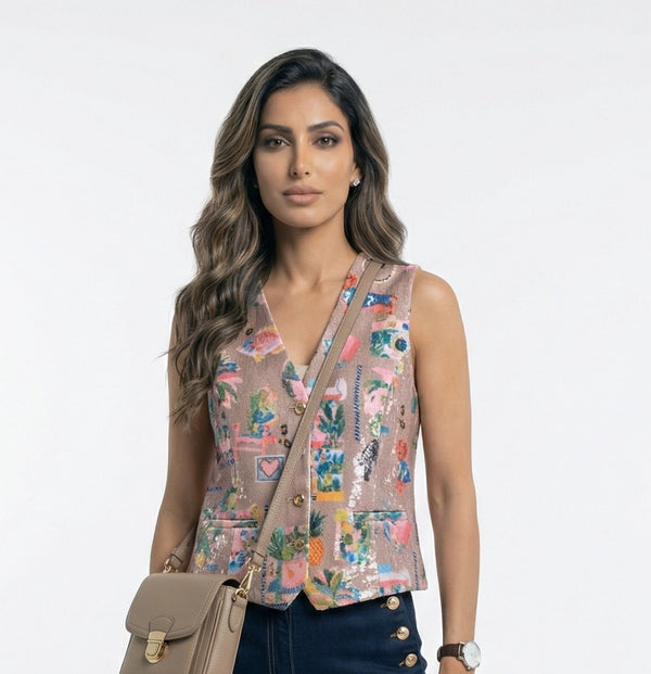 33564 California Print Sequins Vest سترة مزينة بالترتر بطبعة كاليفورنيا