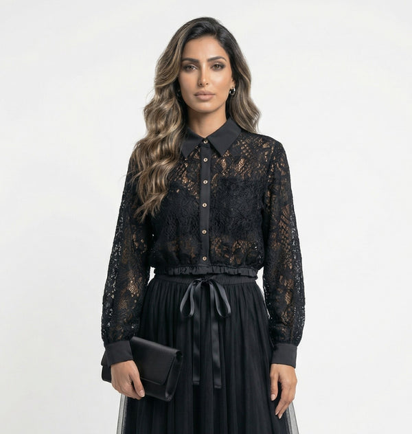 81000-1 Floral Lace Cropped Top بلوزة قصيرة بحاشية دانتيل زهور