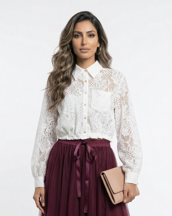 81000-1 Floral Lace Cropped Top بلوزة قصيرة بحاشية دانتيل زهور