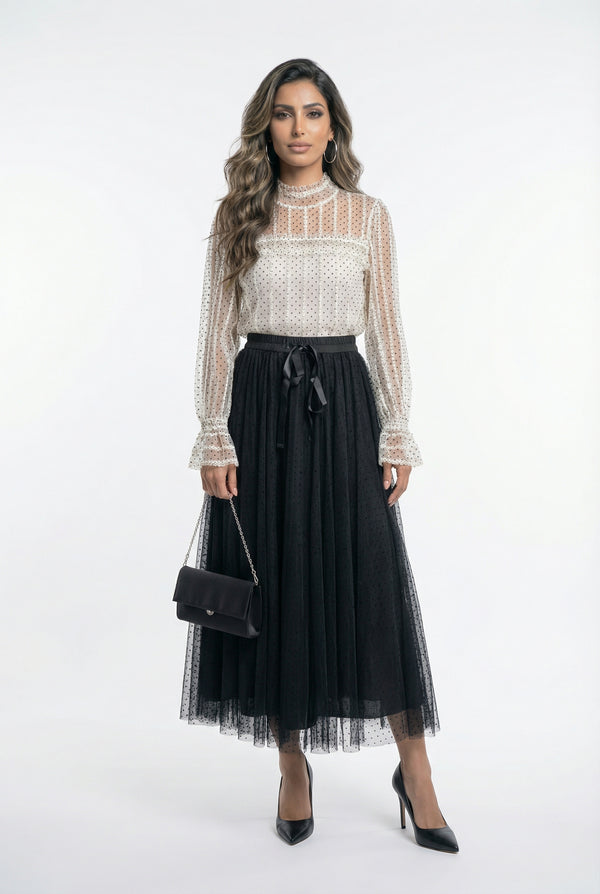 08375 Semi Sheer Polka Dot Tulle Top توب تول مثقوب بنقشة النقاط الشفافة جزئيًا