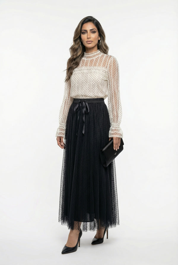 08375 Semi Sheer Polka Dot Tulle Top توب تول مثقوب بنقشة النقاط الشفافة جزئيًا