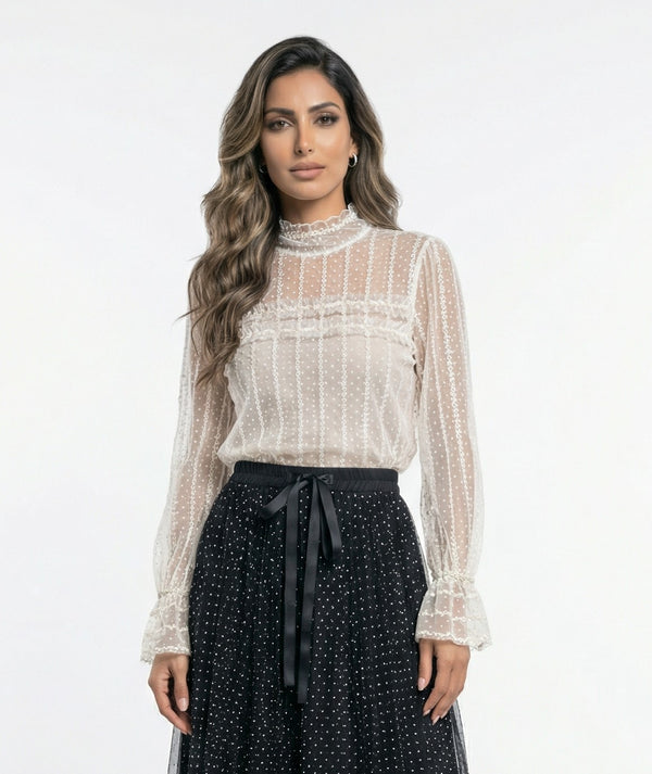 08375 Semi Sheer Polka Dot Tulle Top توب تول مثقوب بنقشة النقاط الشفافة جزئيًا