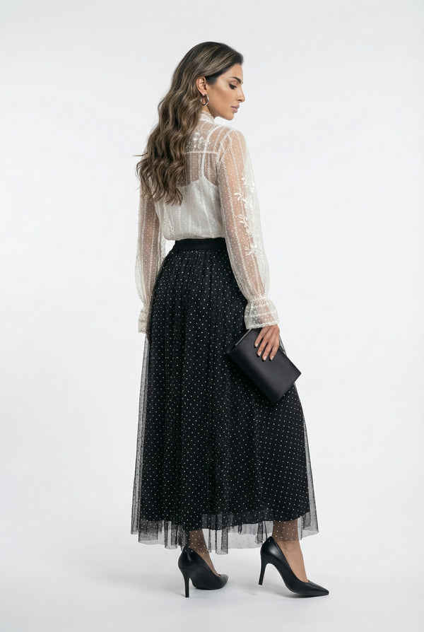 08375 Semi Sheer Polka Dot Tulle Top توب تول مثقوب بنقشة النقاط الشفافة جزئيًا