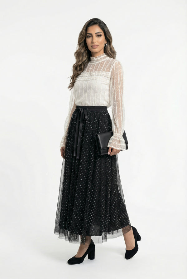 08375 Semi Sheer Polka Dot Tulle Top توب تول مثقوب بنقشة النقاط الشفافة جزئيًا