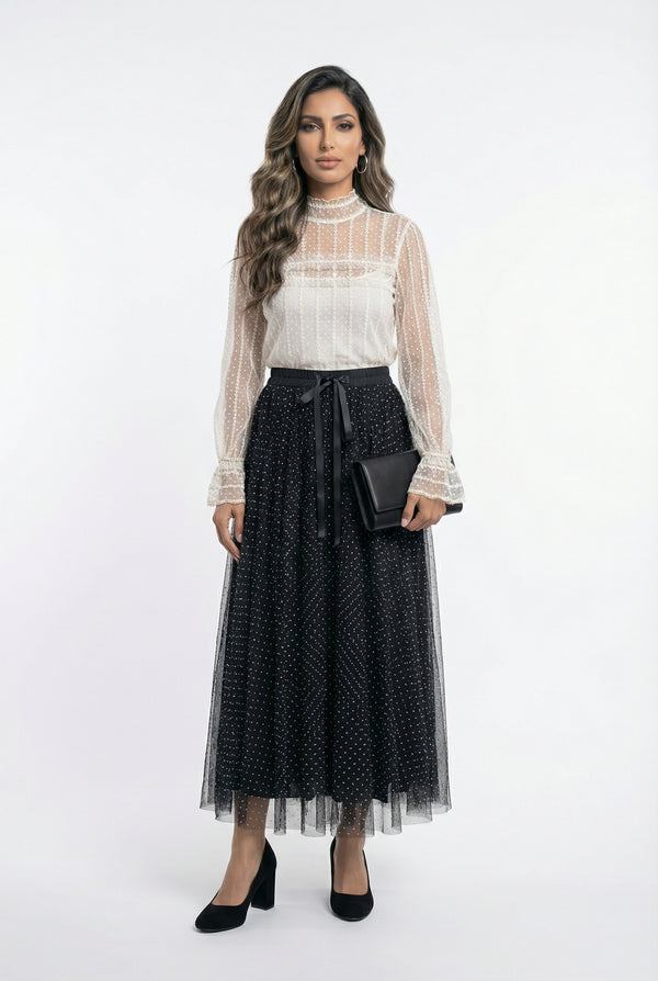 08375 Semi Sheer Polka Dot Tulle Top توب تول مثقوب بنقشة النقاط الشفافة جزئيًا