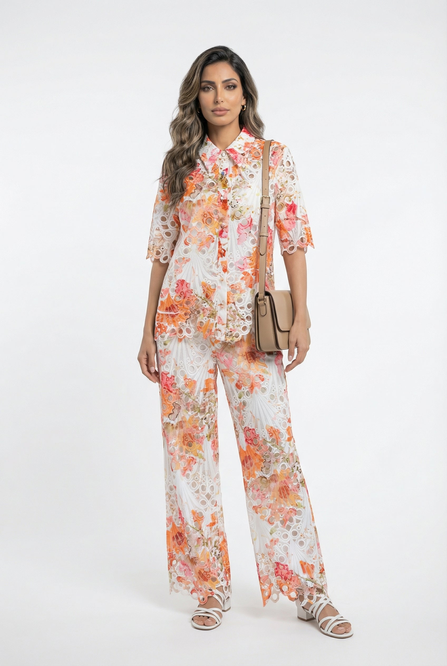 Audrey/Selma Embroidery Lace Shirt and Pants قميص وسروال من الدانتيل المطرز - Brown Loft
