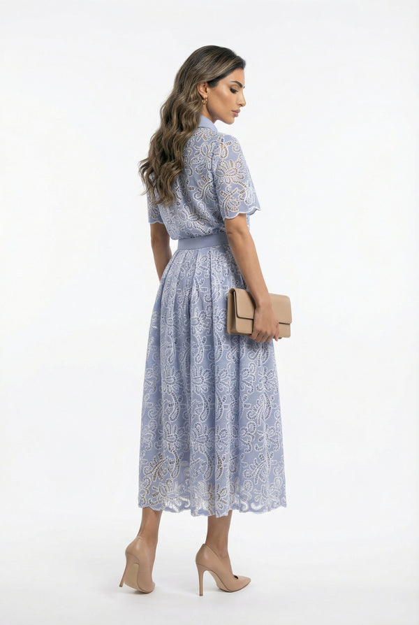 Billie/Lila Floral Embroidery Lace Cutwork Shirt and Skirt قميص وتنورة من الدانتيل المطرز بالزهور