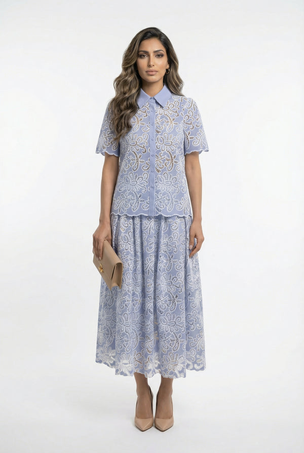 Billie/Lila Floral Embroidery Lace Cutwork Shirt and Skirt قميص وتنورة من الدانتيل المطرز بالزهور