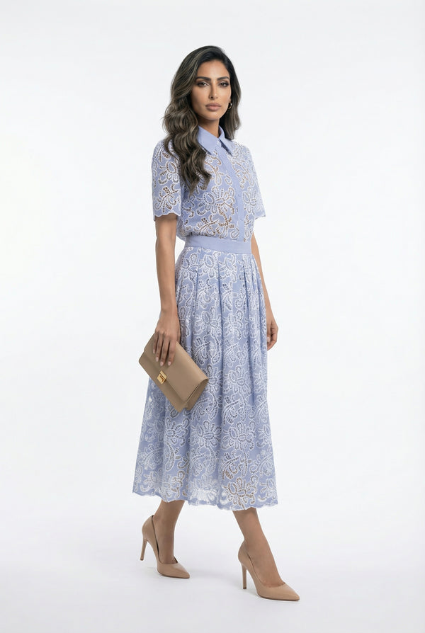 Billie/Lila Floral Embroidery Lace Cutwork Shirt and Skirt قميص وتنورة من الدانتيل المطرز بالزهور