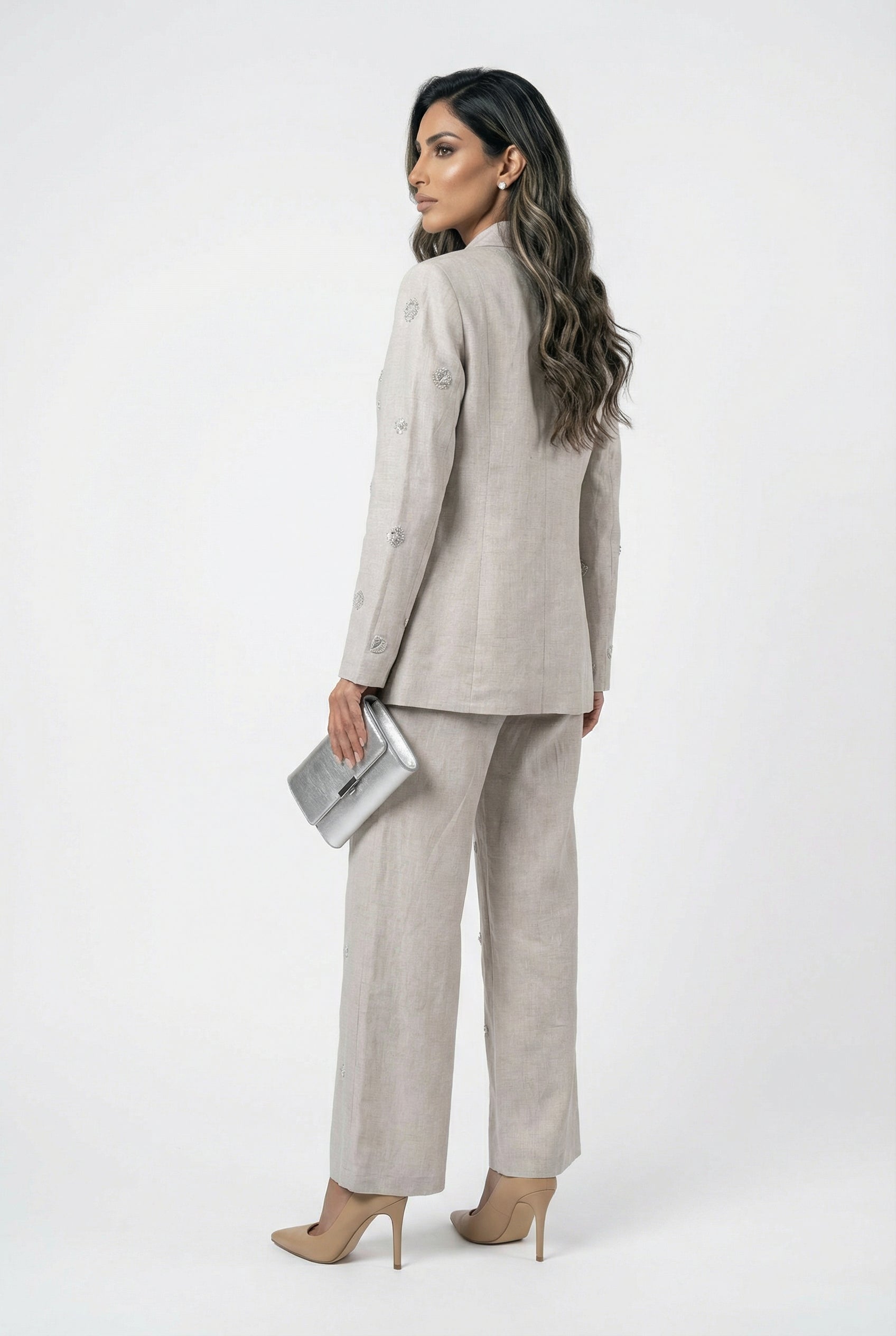 Sola Linen Sequins Pants بنطال من الكتان مزين بالترتر - Brown Loft