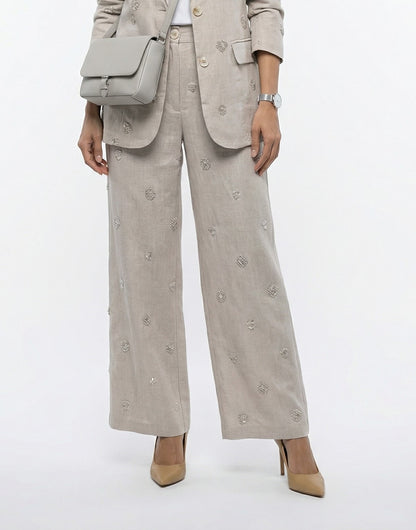 Sola Linen Sequins Pants بنطال من الكتان مزين بالترتر - Brown Loft