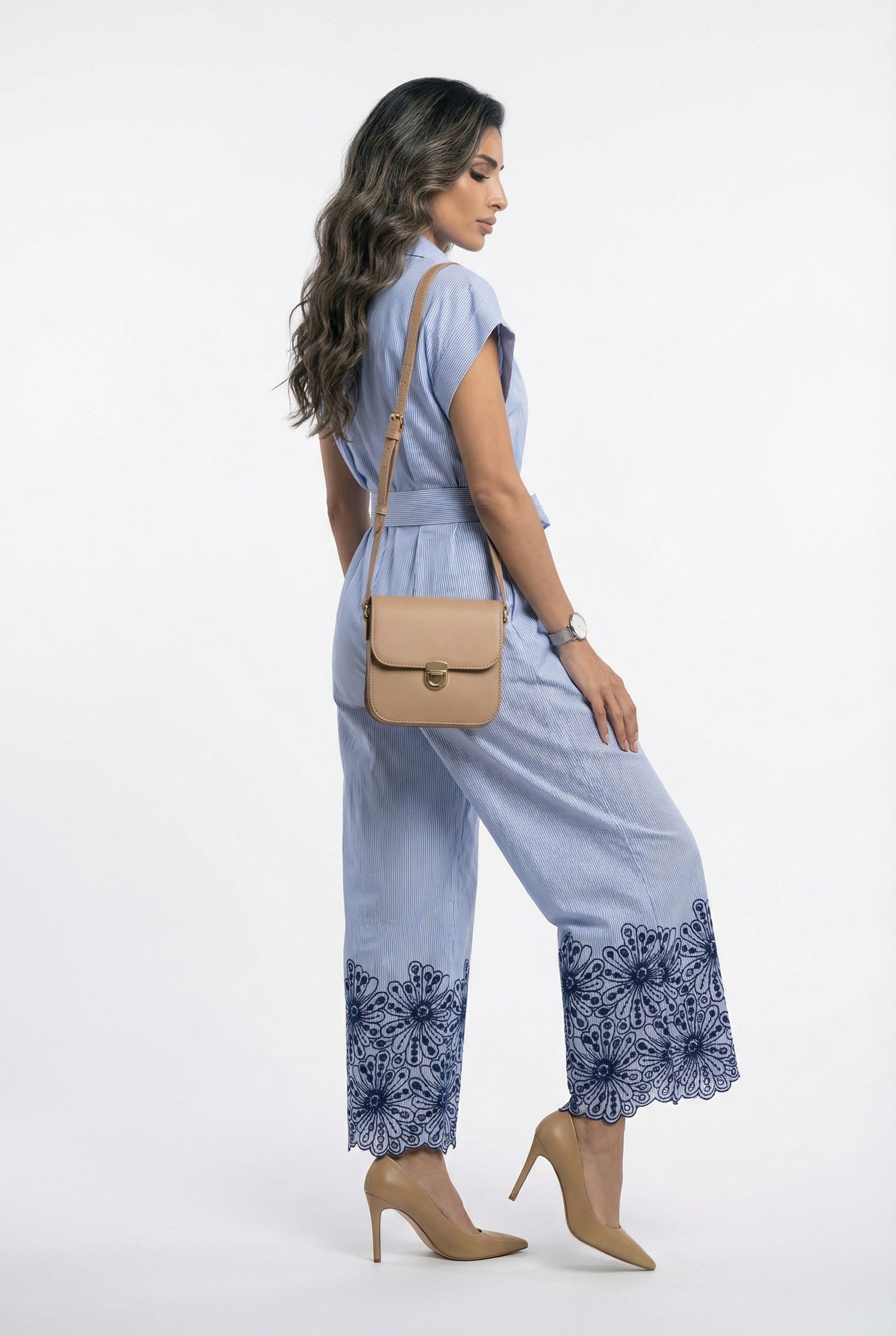 6219001 Striped Belted Jumpsuit جمبسوت مخطط بحزام - Brown Loft