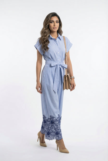 6219001 Striped Belted Jumpsuit جمبسوت مخطط بحزام - Brown Loft