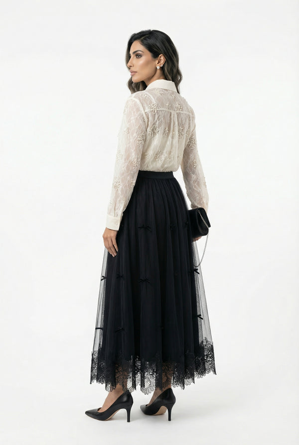 Jessy Beads/Pearls Detailed Sheer Shirt قميص شفاف مزين بالخرز/اللؤلؤ