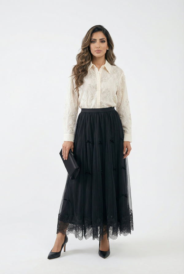 Jessy Beads/Pearls Detailed Sheer Shirt قميص شفاف مزين بالخرز/اللؤلؤ