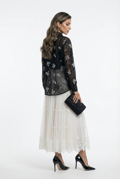 Jessy Beads/Pearls Detailed Sheer Shirt قميص شفاف مزين بالخرز/اللؤلؤ - Brown Loft