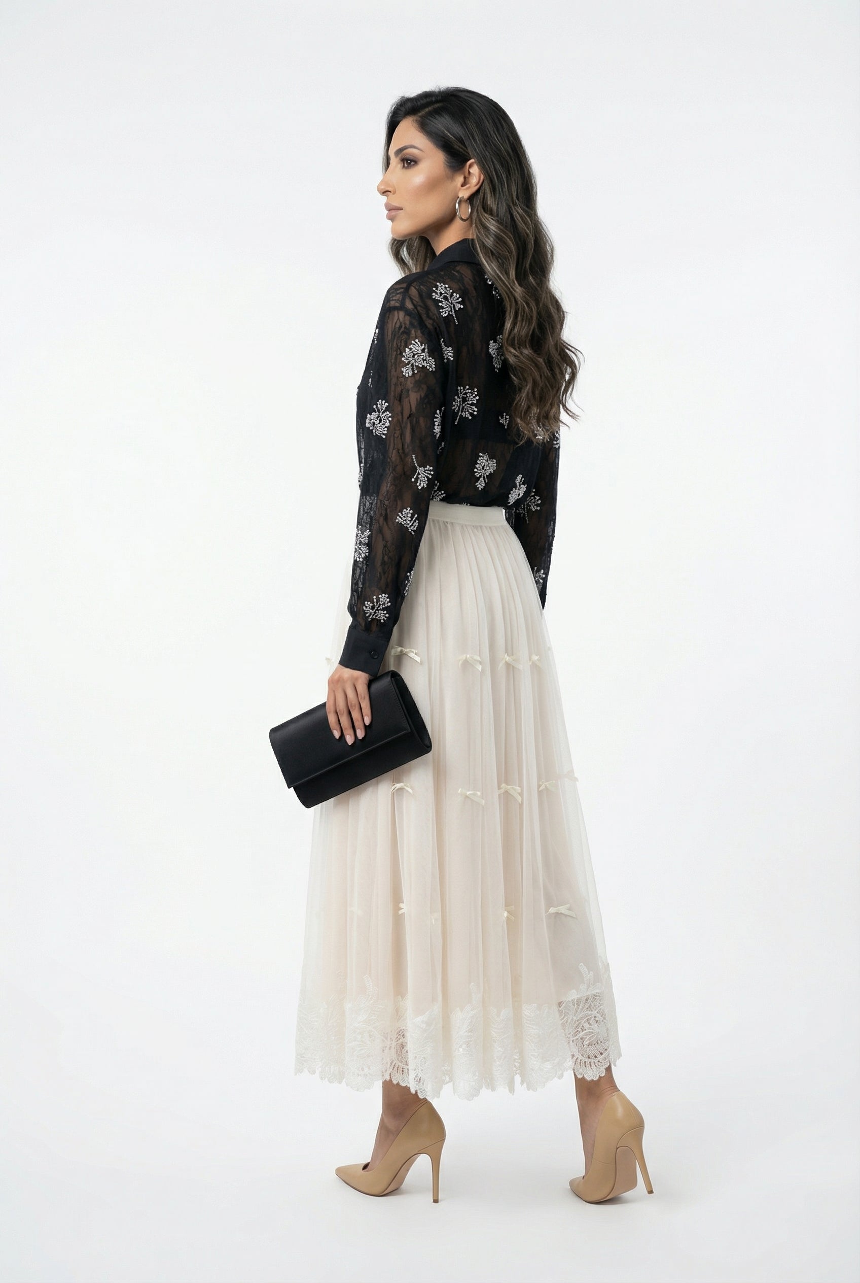 Jessy Beads/Pearls Detailed Sheer Shirt قميص شفاف مزين بالخرز/اللؤلؤ - Brown Loft