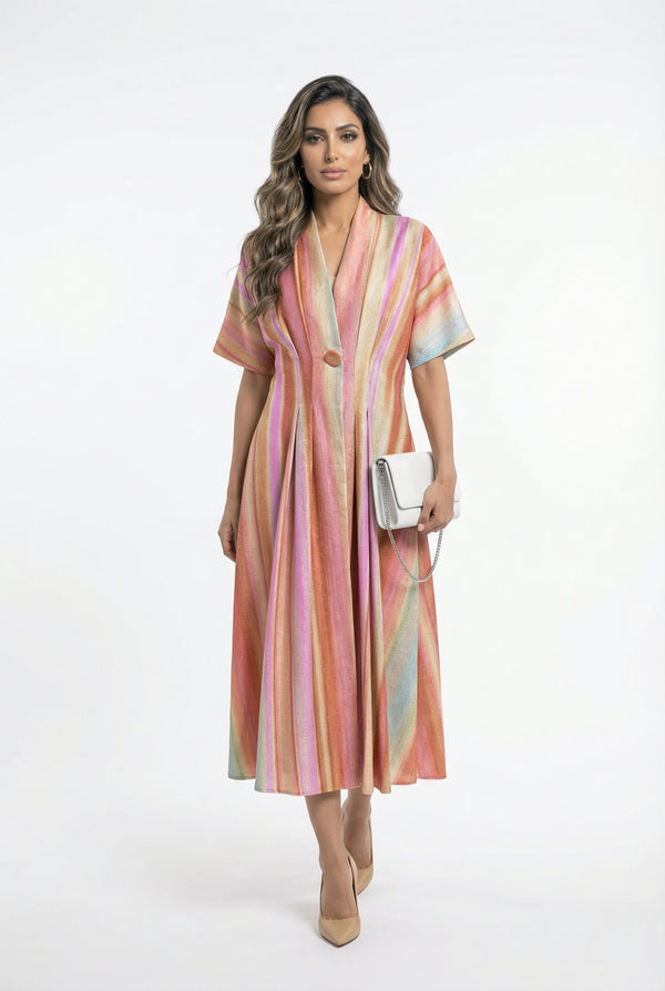 6218140  Multicolor Linen Blend Long Dress فستان طويل متعدد الألوان من مزيج الكتان