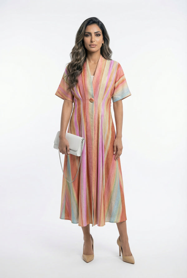 6218140  Multicolor Linen Blend Long Dress فستان طويل متعدد الألوان من مزيج الكتان