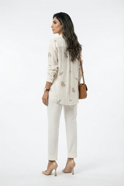 Layla Floral Embroidery Beads Oversized Shirt قميص واسع مطرز بالخرز والزهور - Brown Loft