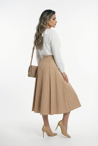 6207004 Pleated Ruffled Collared Top بلوزة شفافة مكشكشة بياقة مطوية - Brown Loft