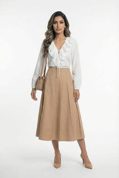 6207004 Pleated Ruffled Collared Top بلوزة شفافة مكشكشة بياقة مطوية - Brown Loft