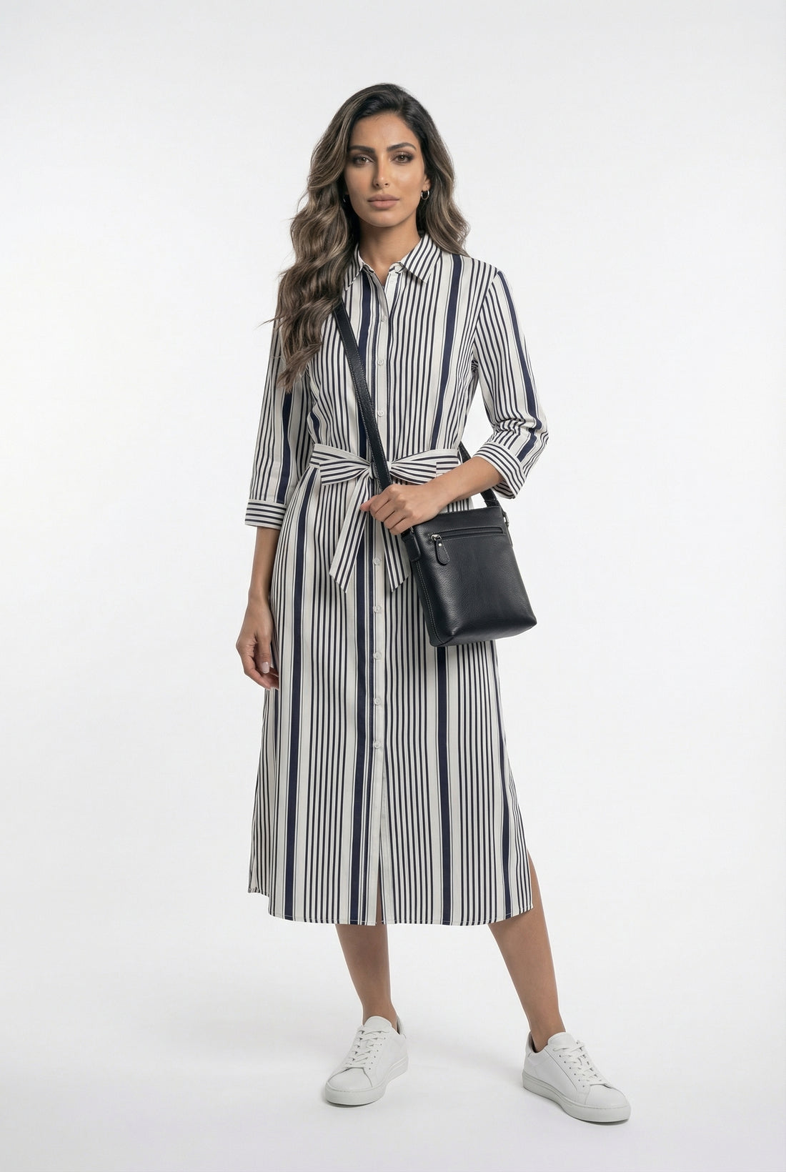 33649 Striped Midi Shirt Dress فستان قميص مخطط متوسط الطول - Brown Loft