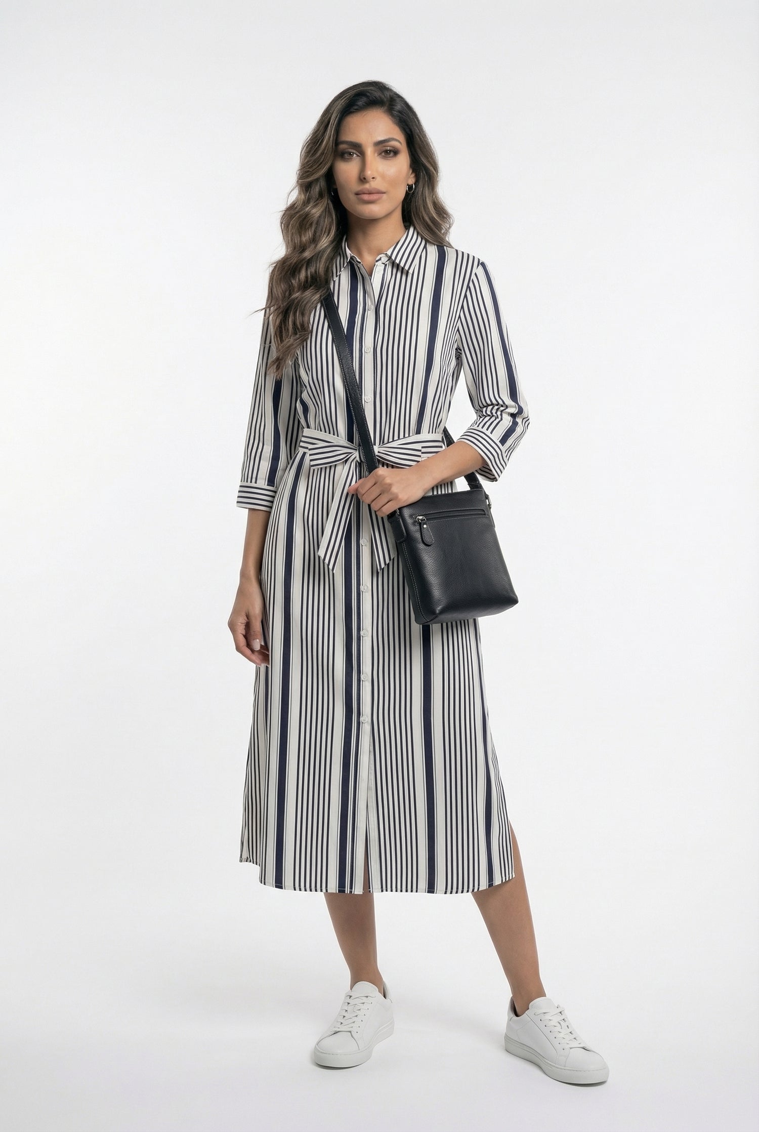 33649 Striped Midi Shirt Dress فستان قميص مخطط متوسط الطول - Brown Loft