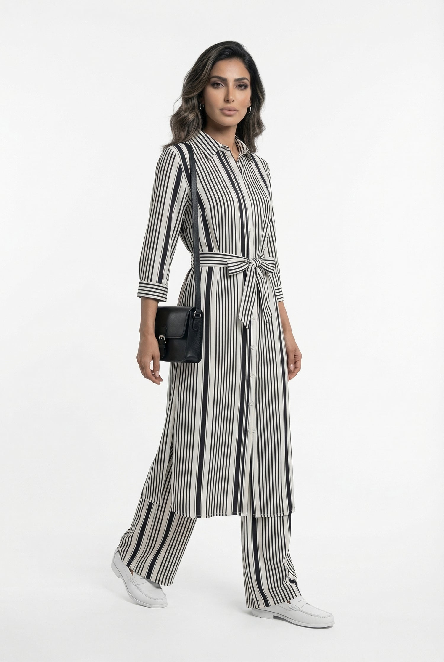33649 Striped Midi Shirt Dress فستان قميص مخطط متوسط الطول - Brown Loft
