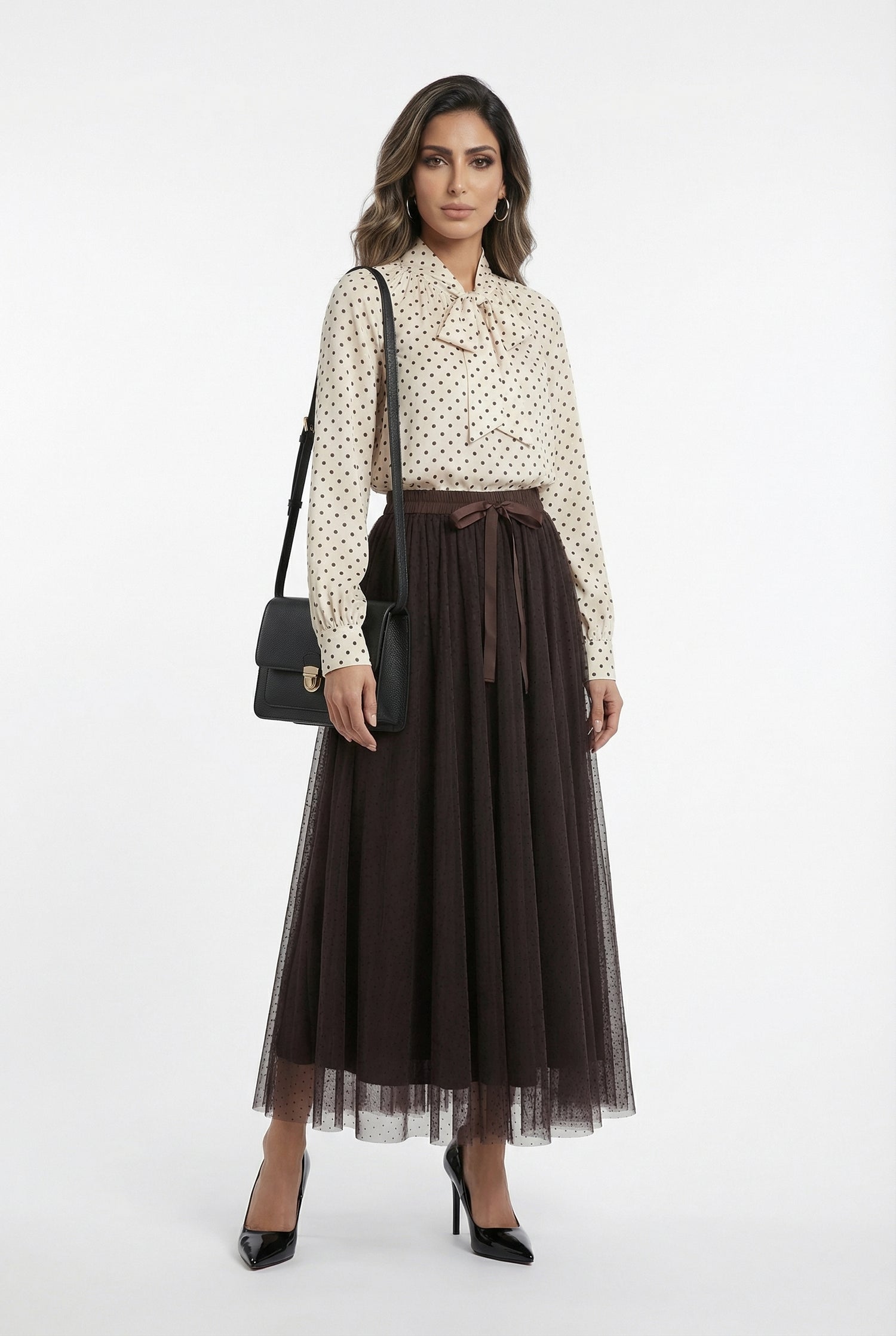 08077-3 Black Dot Long Tulle Skirt تنورة تول طويلة