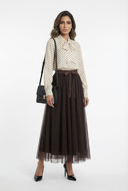 08077-3 Black Dot Long Tulle Skirt تنورة تول طويلة