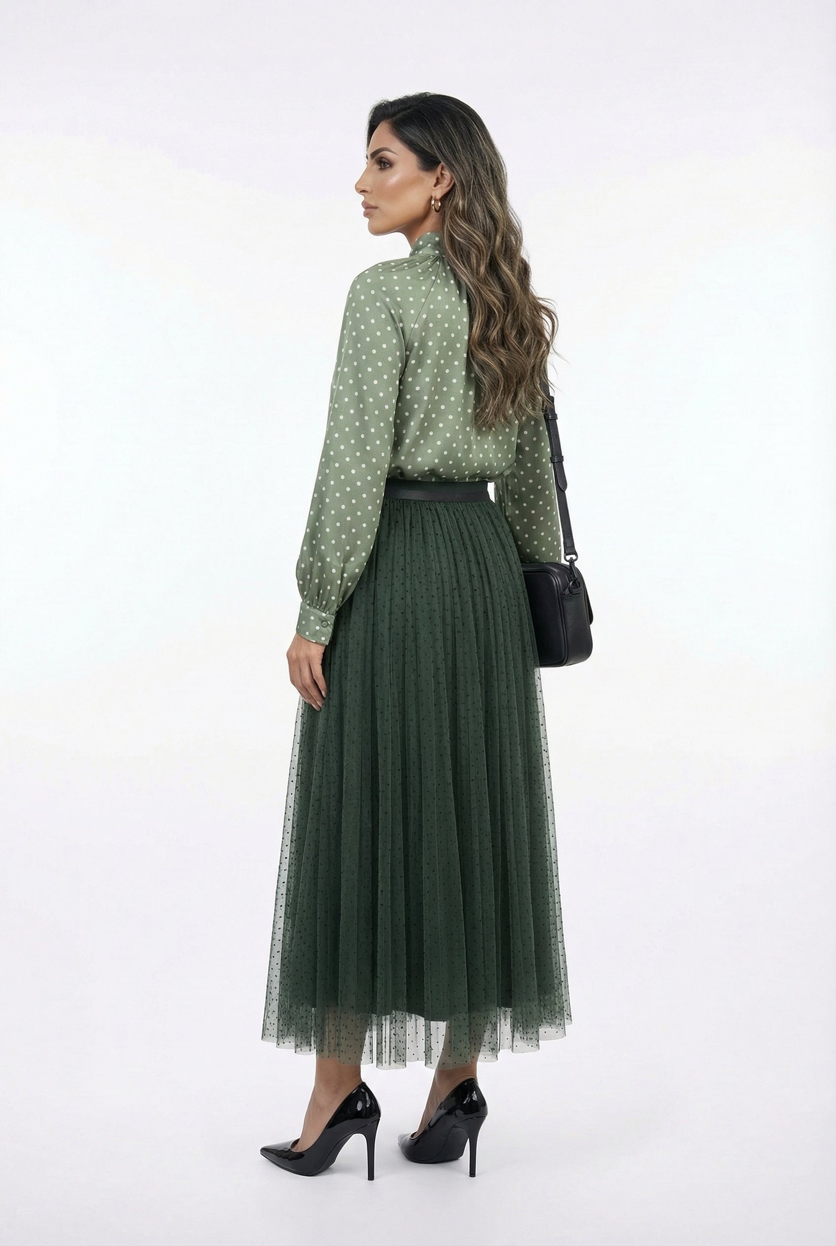 08077-3 Black Dot Long Tulle Skirt تنورة تول طويلة