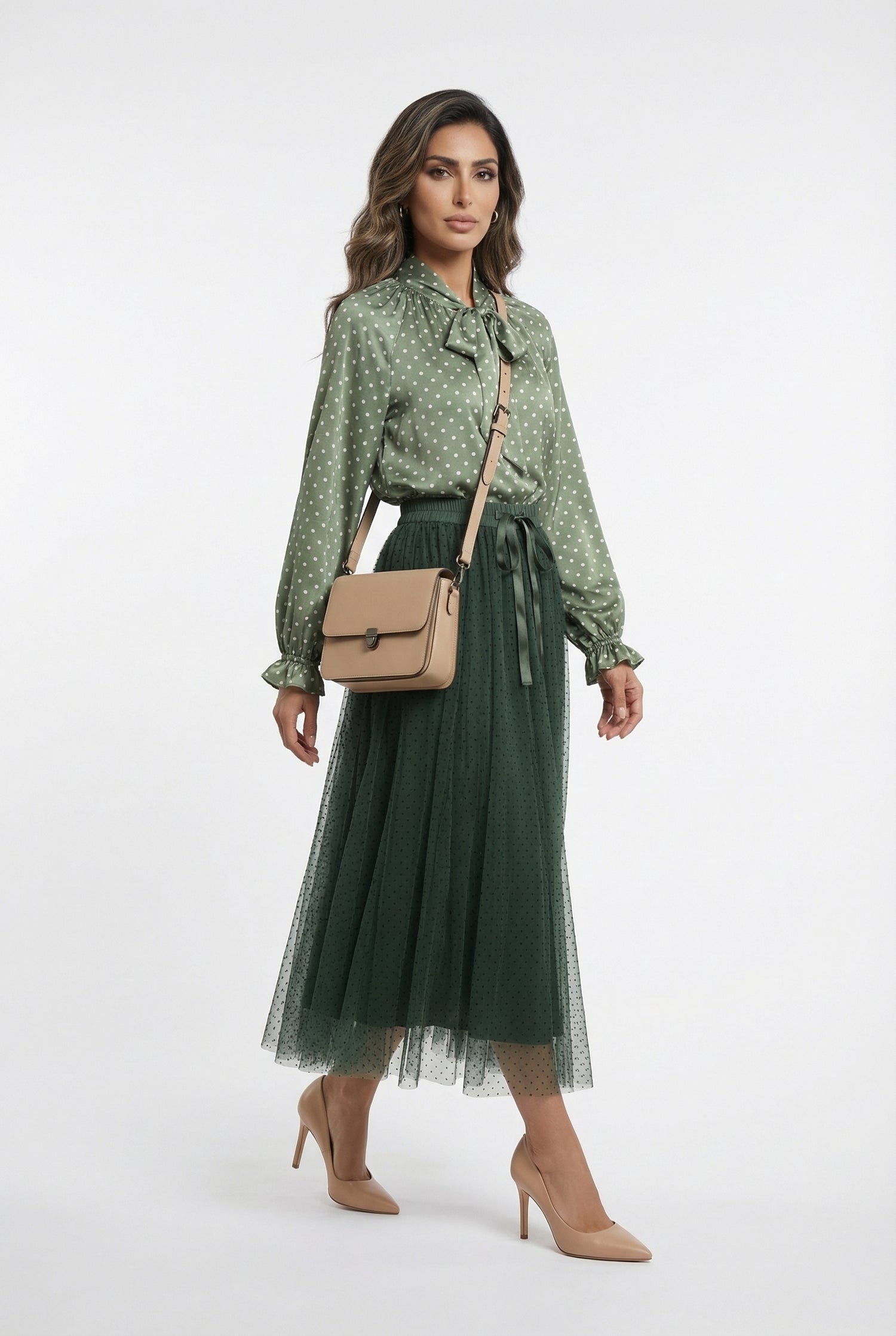 08077-3 Black Dot Long Tulle Skirt تنورة تول طويلة