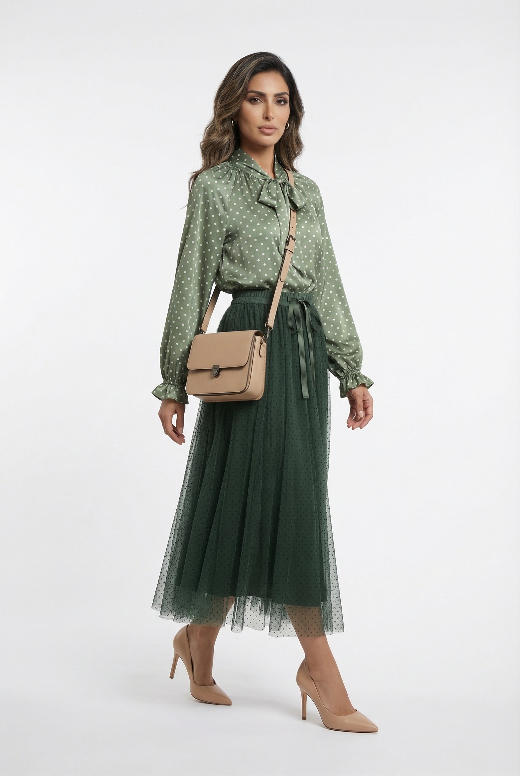 08077-3 Black Dot Long Tulle Skirt تنورة تول طويلة