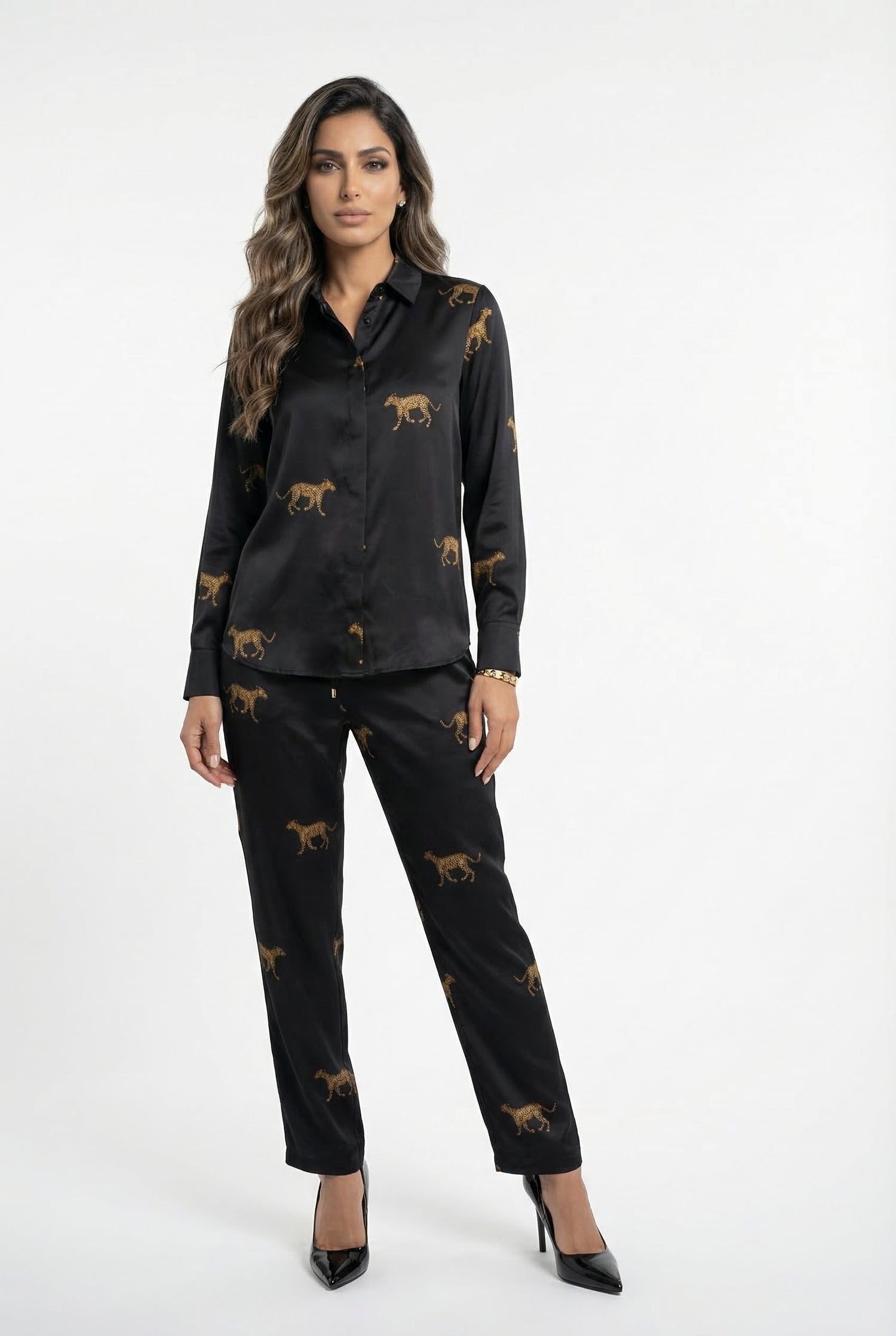 2615051/4022 Satin Leopard Print Shirt and Pants قميص وسروال بطبعة الفهد من الستان - Brown Loft