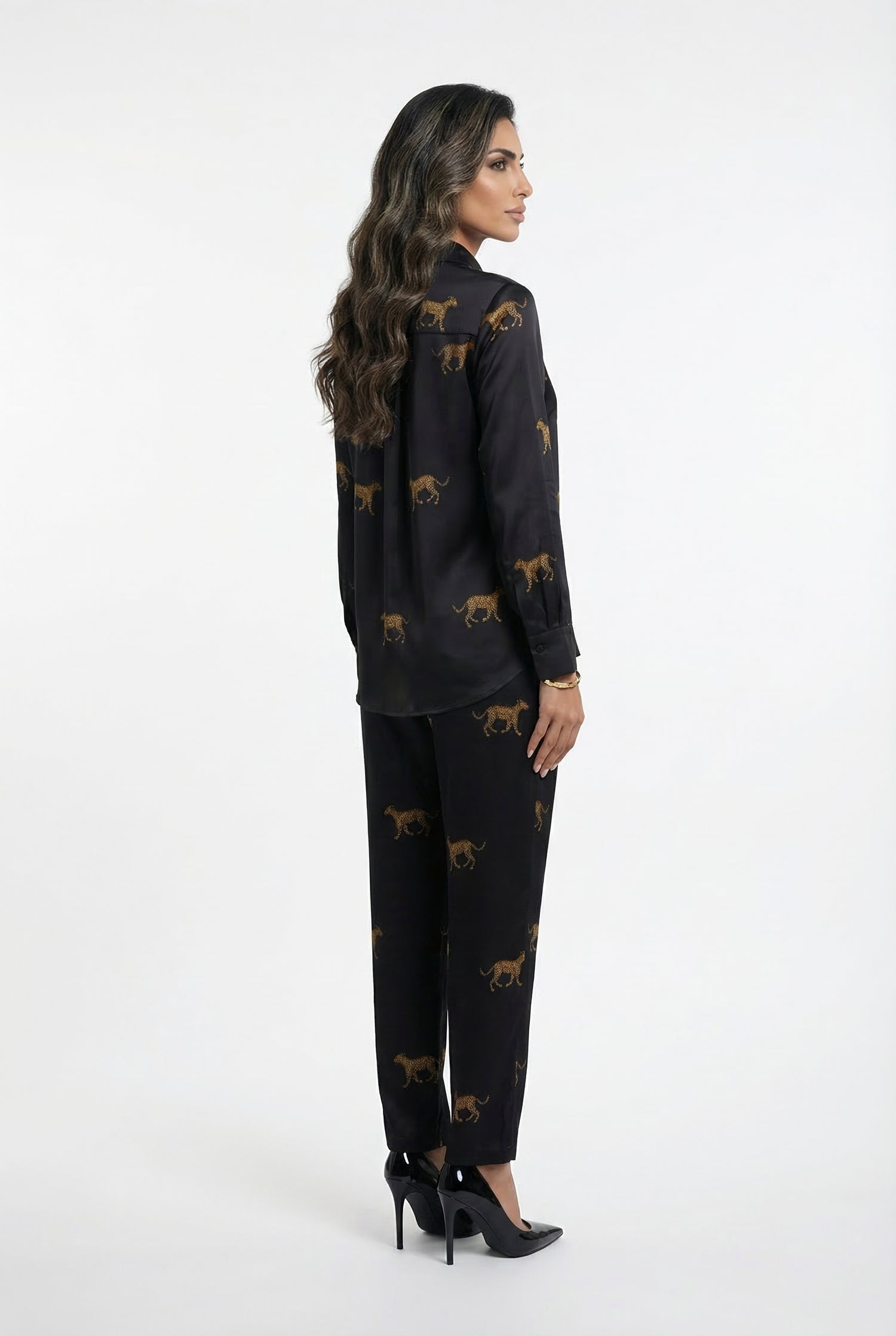 2615051/4022 Satin Leopard Print Shirt and Pants قميص وسروال بطبعة الفهد من الستان - Brown Loft