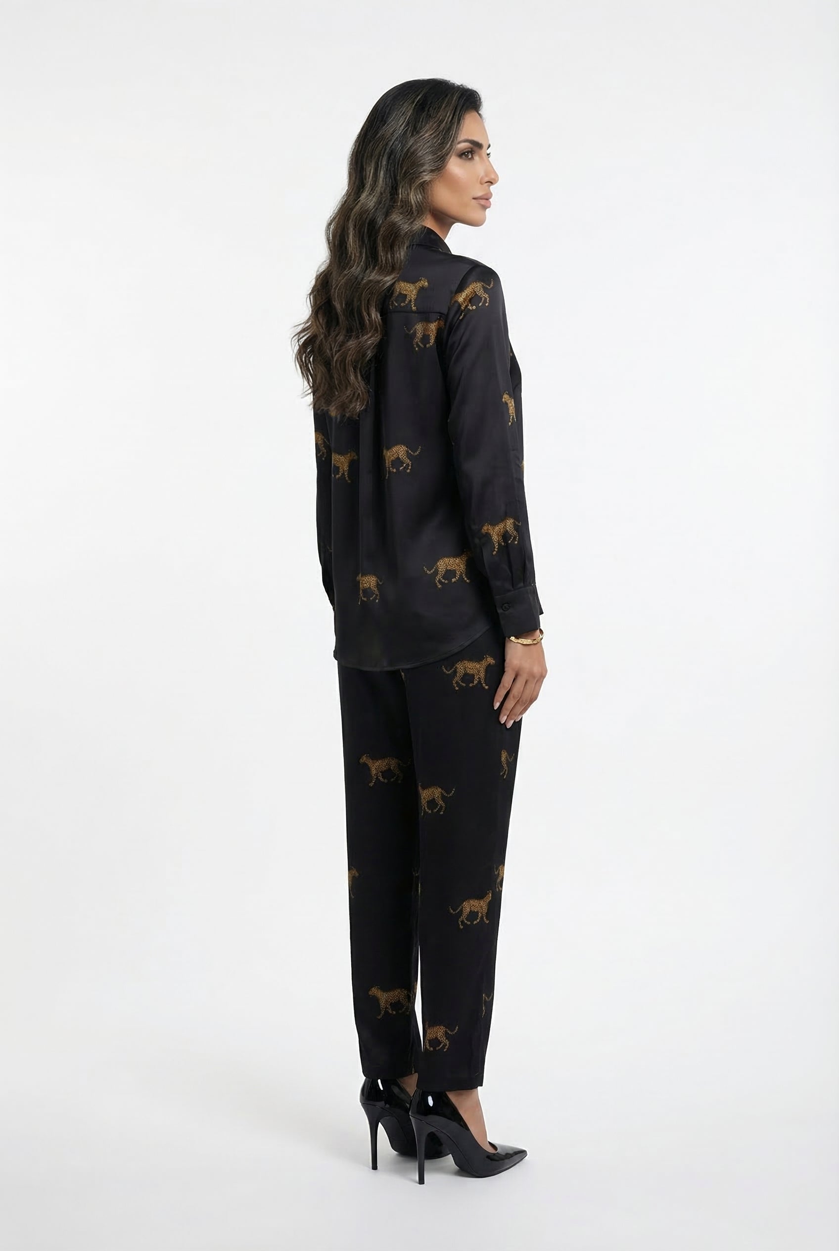 2615051/4022 Satin Leopard Print Shirt and Pants قميص وسروال بطبعة الفهد من الستان - Brown Loft