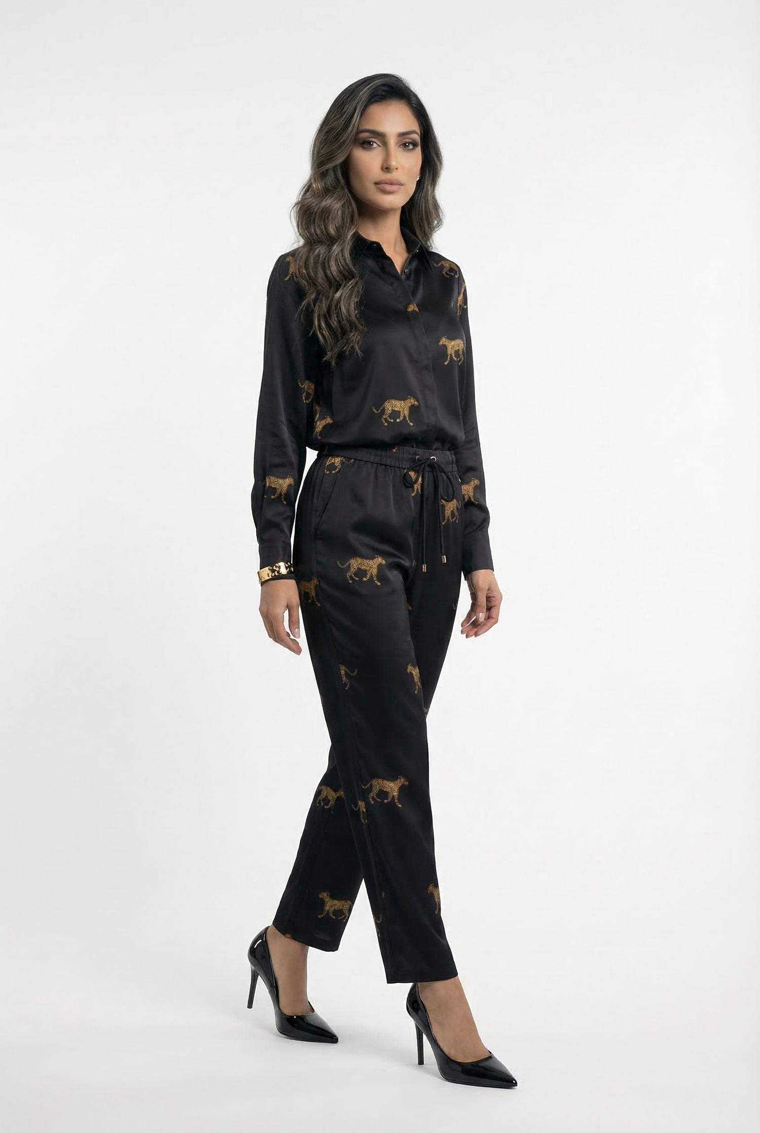 2615051/4022 Satin Leopard Print Shirt and Pants قميص وسروال بطبعة الفهد من الستان - Brown Loft