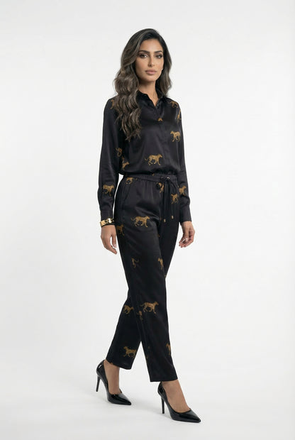2615051/4022 Satin Leopard Print Shirt and Pants قميص وسروال بطبعة الفهد من الستان - Brown Loft