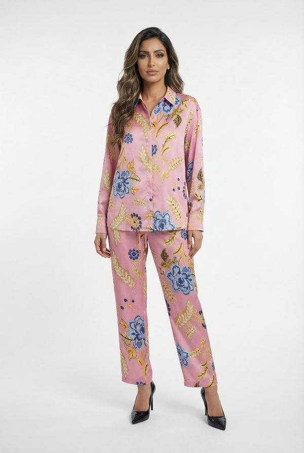 LS2615052 Placket Buttoned Floral Print Oversized Satin Shirt