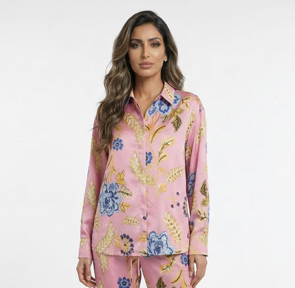 LS2615052 Floral Print Satin Shirt قميص ساتان بطبعة زهور - Brown Loft