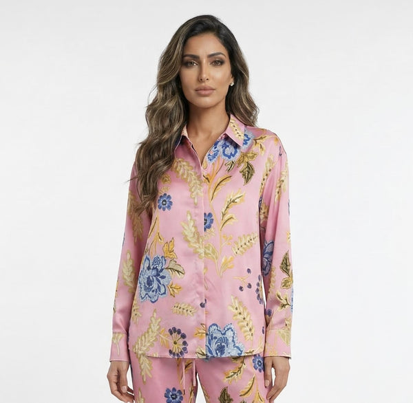 LS2615052 Placket Buttoned Floral Print Oversized Satin Shirt