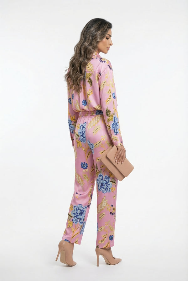 LS2615052 Placket Buttoned Floral Print Oversized Satin Shirt