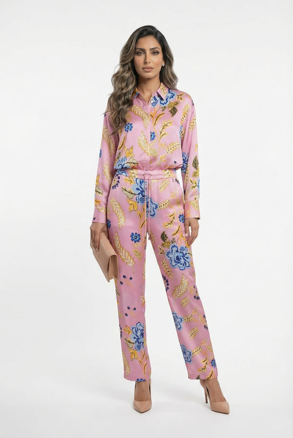 LS2615052 Placket Buttoned Floral Print Oversized Satin Shirt