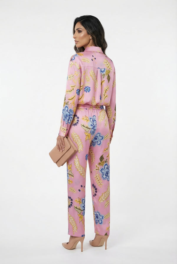 LS2615052 Placket Buttoned Floral Print Oversized Satin Shirt