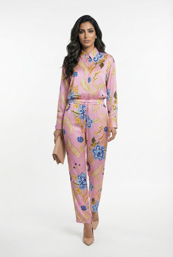 LS2615052 Placket Buttoned Floral Print Oversized Satin Shirt