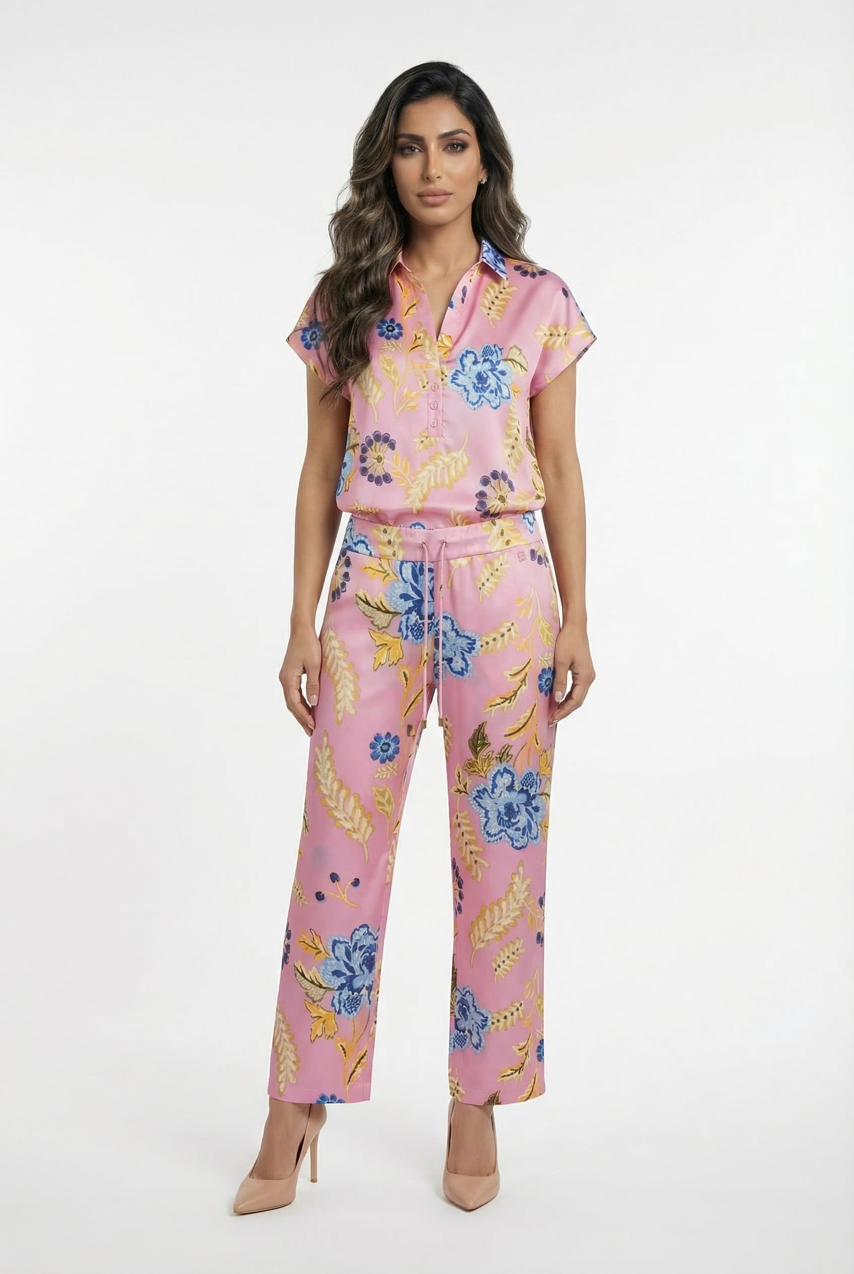 LS2615063 Floral Print Satin Top بلوزة من الساتان بنقشة الزهور - Brown Loft