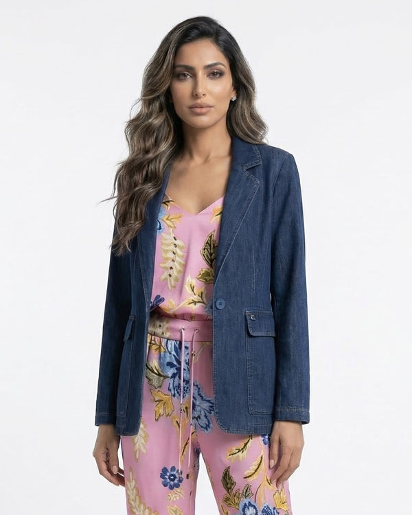 LS2602044 Notched Lapel Collared Denim Jacket